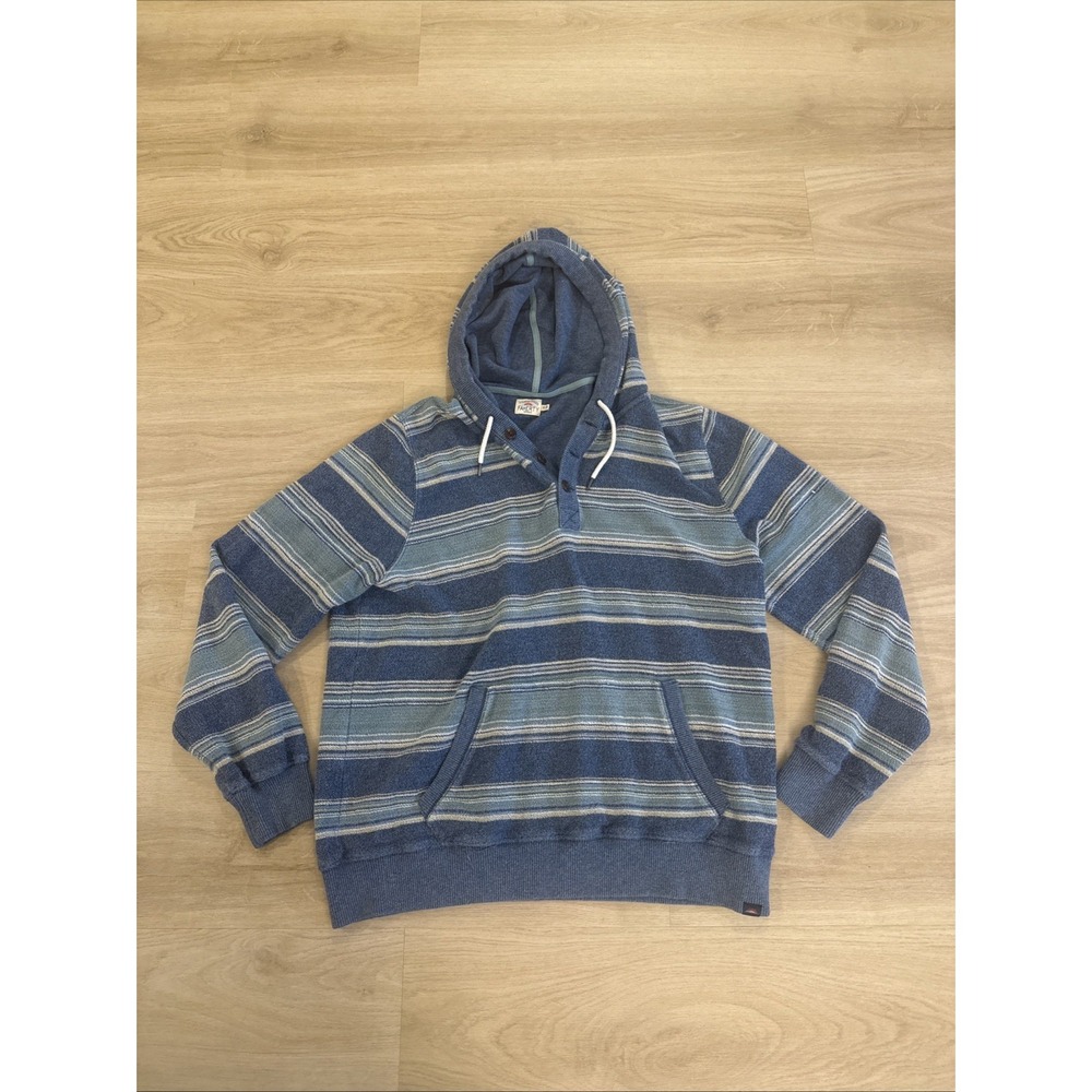 Faherty Brand Blue Striped Hoodie Pullover Henley Button Menswear XL Beach Baja